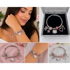 Hello Kitty Charm Bracelet Pink Rhinestone Bangle Style – New